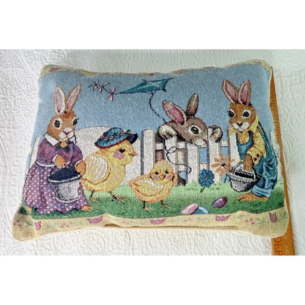 Vintage Tapestry Easter Pillow Rabbits Chicks Farm Scene Needlepoint Style Decor